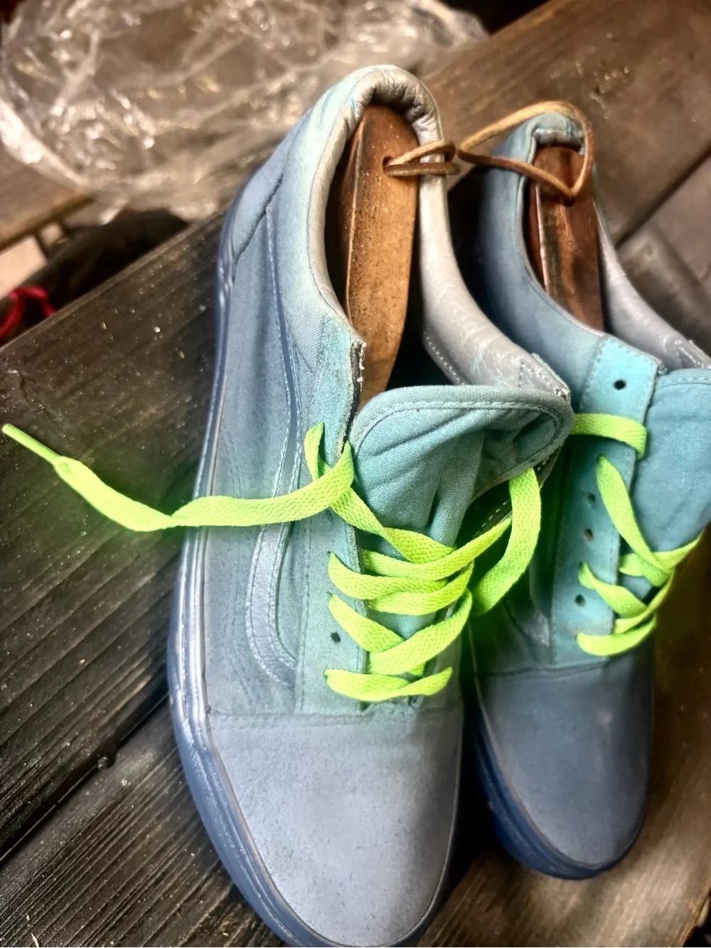 Blue Vans Old Skool sneakers with neon green laces size 11 good condition